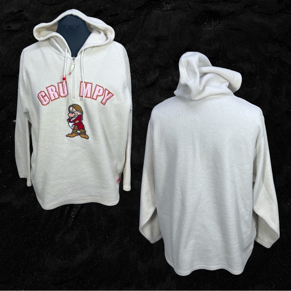 VTG Disney Cream/Ivory Fleece 1/4 Zip Pull Over GRUMPY Hoodie Sweatshirt Size XL